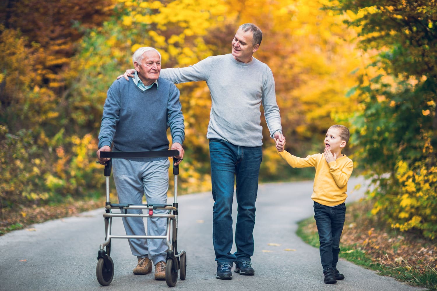 father and son visit elderly father at go for a walk