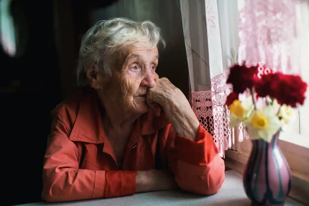 An elderly woman gazes sadly out the window