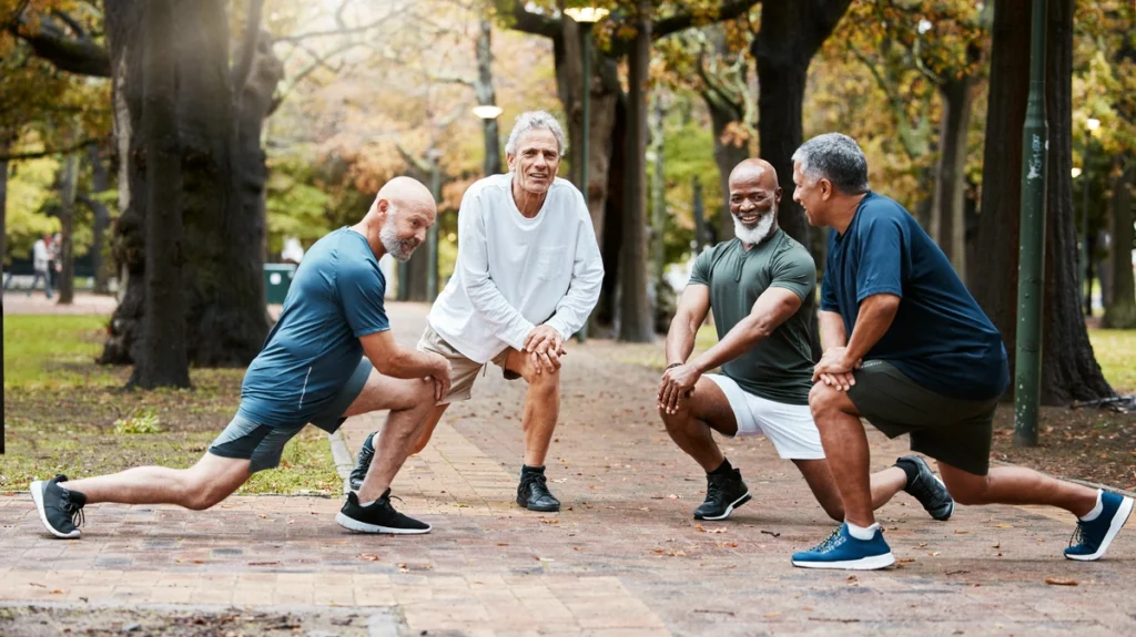 Group of healthy men perform coodination and strength exercises for seniors